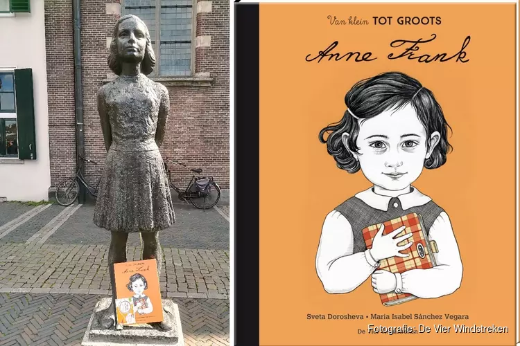 Anne Frank-boeken zwerven rond bij Anne Frank-standbeelden